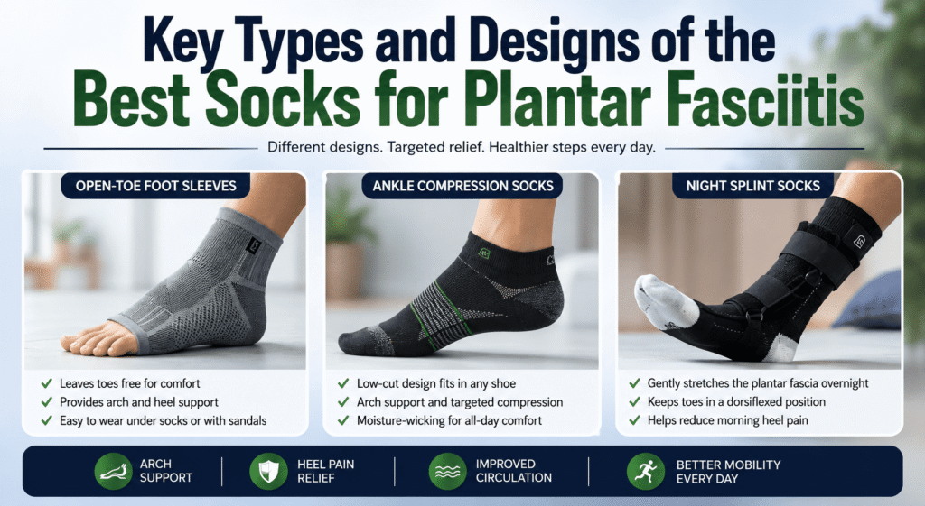 Key Types and Designs of the Best Socks for Plantar Fasciitis.